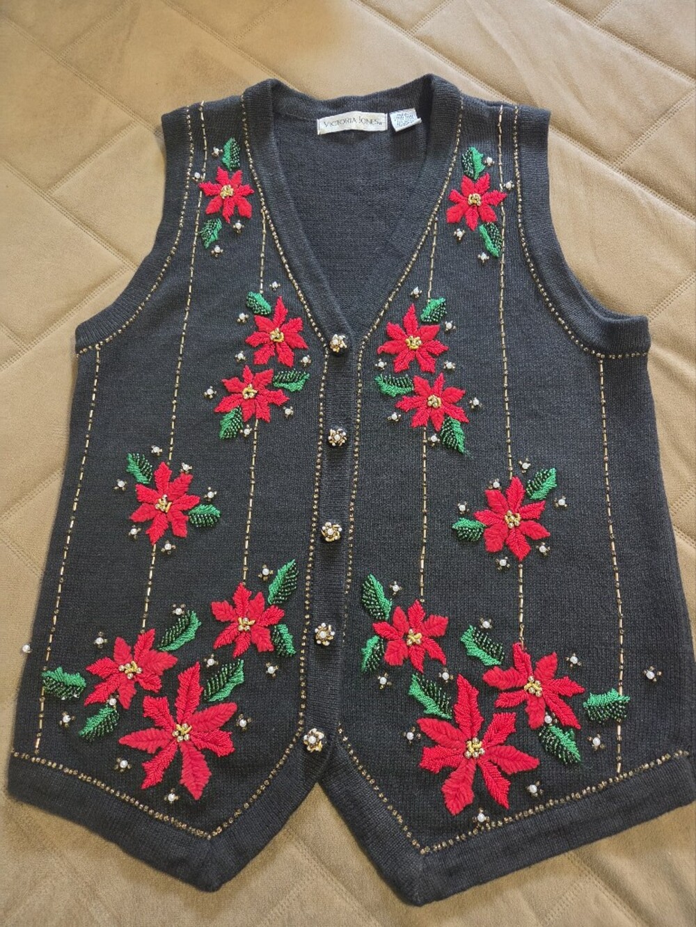Holiday Poinsettia Embroidered And Beaded Women's Vest. Sz S - Picture 1 of 7